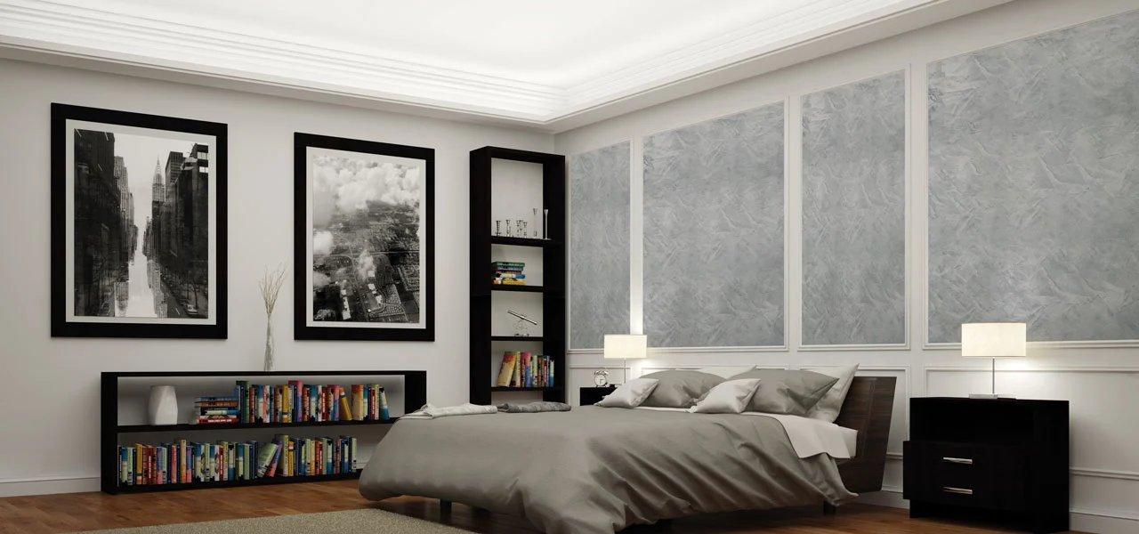 Schlafzimmer mit einer Metallicwachs-Wand im Hintergrund